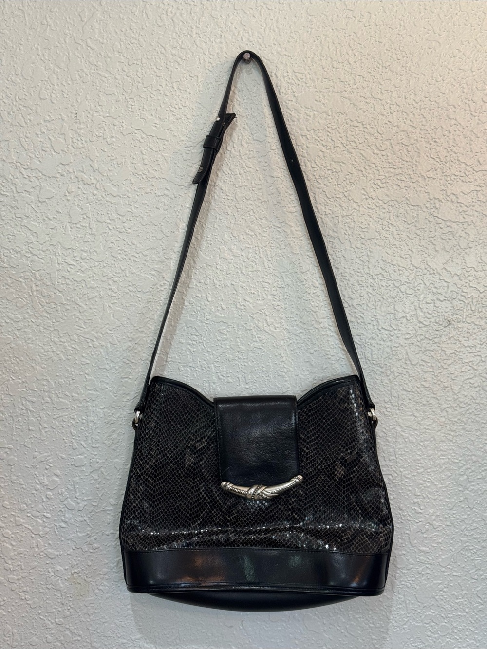 Vintage Brighton Black Leather Snake Print Shoulder Bag Silver Detail